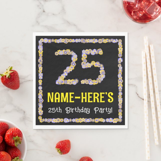 25th Birthday: Floral Flowers Number, Custom Name Napkins (Insitu)