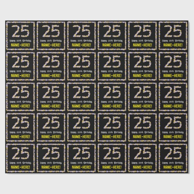 25th Birthday: Floral Flowers Number, Custom Name Wrapping Paper (Flat)
