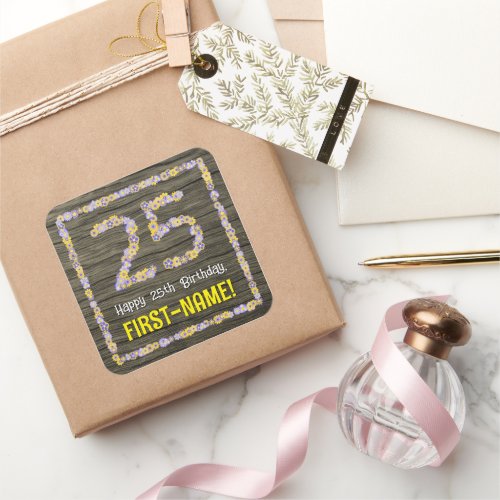 25th Birthday Floral Number Faux Wood Look Name Square Sticker