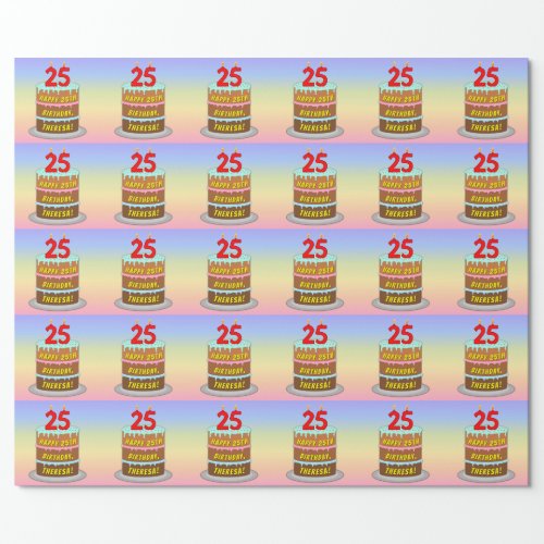 25th Birthday Fun Cake and Candles  Custom Name Wrapping Paper