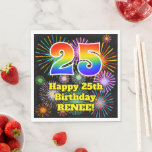 [ Thumbnail: 25th Birthday: Fun Fireworks Pattern + Rainbow 25 Napkins ]