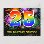 [ Thumbnail: 25th Birthday – Fun Fireworks Pattern + Rainbow 25 Postcard ]