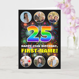 25th Birthday: Fun Rainbow #, Custom Name & Photos Card