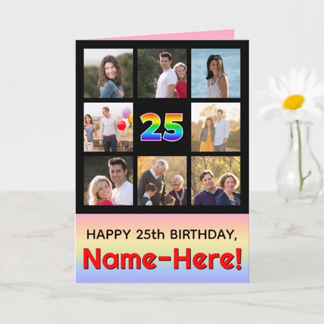 25th Birthday: Fun Rainbow #, Custom Photos + Name Card (Small Plant)