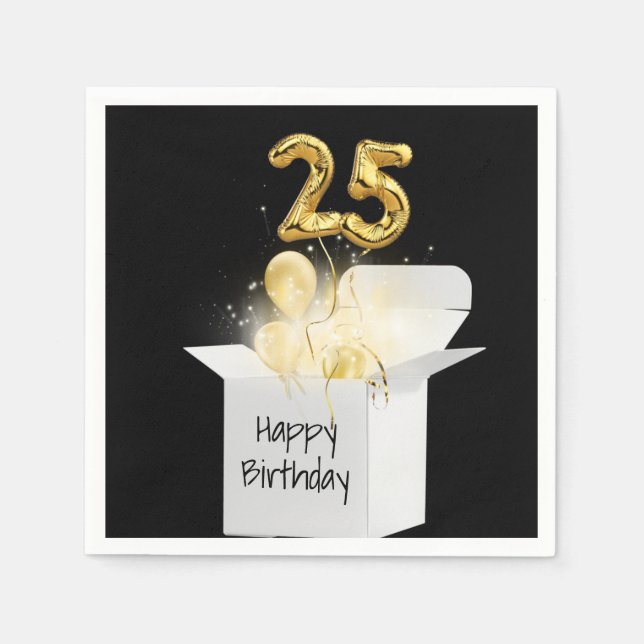 25th Birthday Gold Balloons In White Box     Napkins (Front)