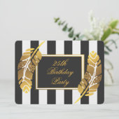 25th Birthday Gold Feather Black White Stripes Invitation (Standing Front)