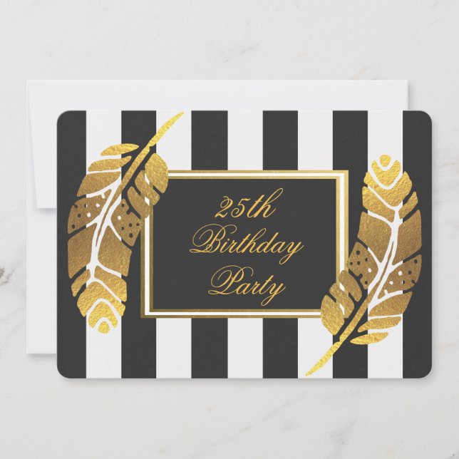 25th Birthday Gold Feather Black White Stripes Invitation (Front)