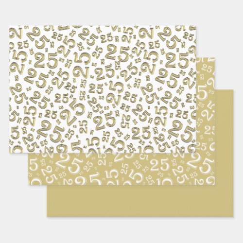 25th Birthday Gold  White Number Pattern 25 Wrapping Paper Sheets