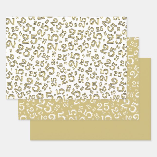 25th Birthday Gold & White Number Pattern 25 Wrapping Paper Sheets (Set)