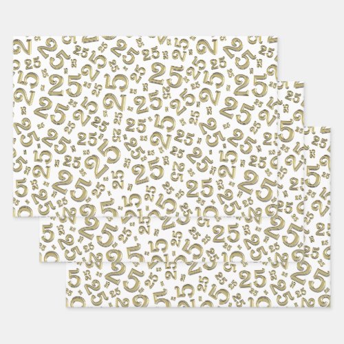 25th Birthday GoldWhite Random Number Pattern 25 Wrapping Paper Sheets