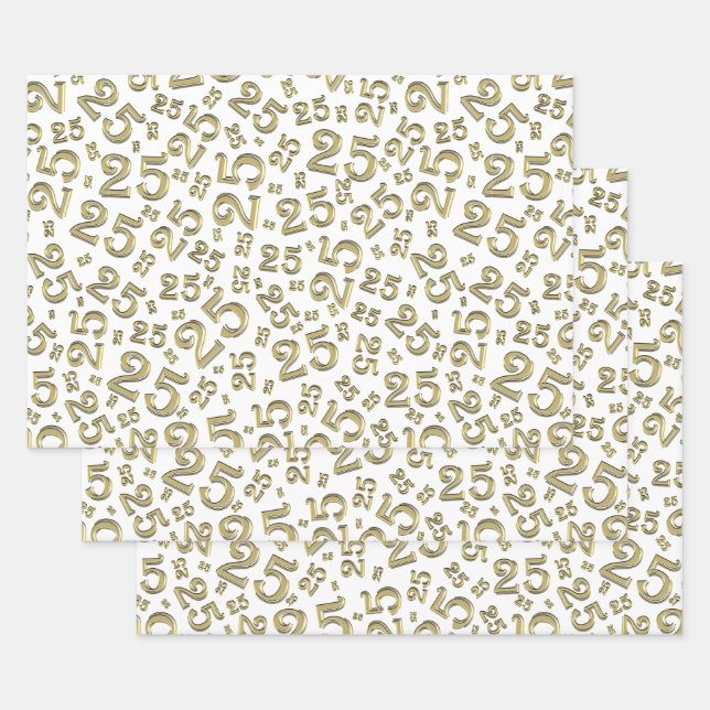 25th Birthday Gold/White Random Number Pattern 25 Wrapping Paper Sheets (Set)