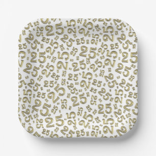 25th Birthday Gold/White Random Number Pattern Paper Plates