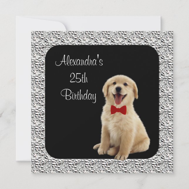 25th Birthday Golden Retriever & Silver Frame Invitation (Front)