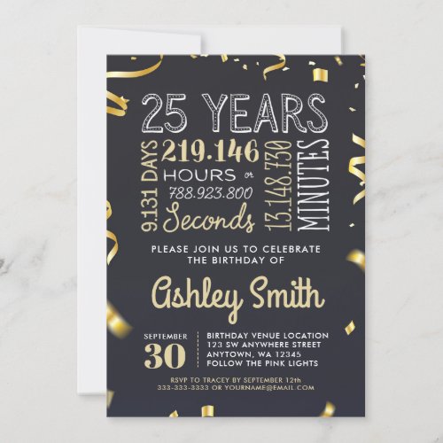 25th Birthday Invitation _ 25 Years Hours Seconds