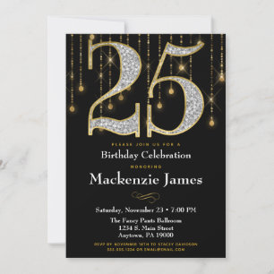 25th Birthday Invitation Black Gold Diamonds Adult