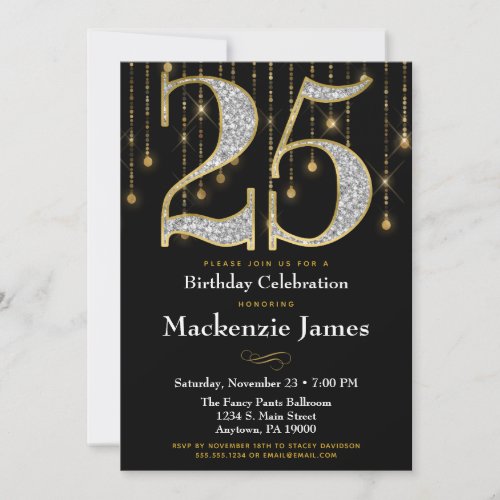 25th Birthday Invitation Black Gold Diamonds Adult