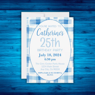 25th Birthday Invitation, Blue Gingham Pattern Invitation