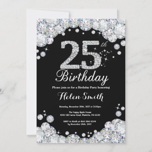 25th Birthday Invitation Chalkboard Silver Diamond