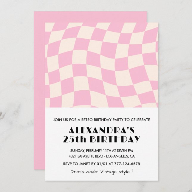 25th birthday invitations Checkered Retro Pink  (Front/Back)