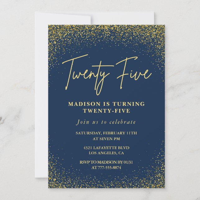25TH birthday invitations Gold Navy Glitter (Front)
