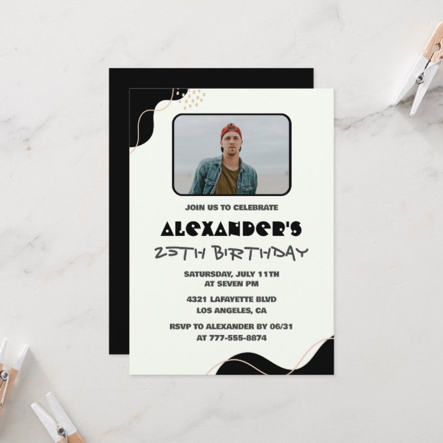25th birthday invitations Men Black Simple Photo (Front/Back In Situ)