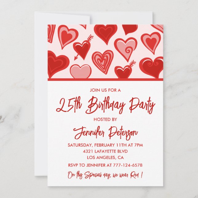 25th birthday invitations Red Pink Hearts (Front)