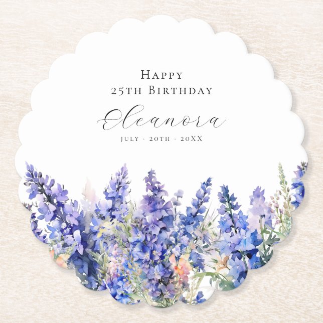 25th Birthday July Birth Flower Larkspur Custom Paper Coaster (Front)