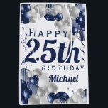 25th Birthday Navy Balloons Medium Gift Bag<br><div class="desc">A gorgeous navy and silver balloon 25th (or any age) gift bag. This fabulous design is the perfect way to wish someone a happy twenty-fifth birthday (or change the age!) Personalize with our own custom name. Blue colored typography and gorgeous navy blue and silver balloons.</div>