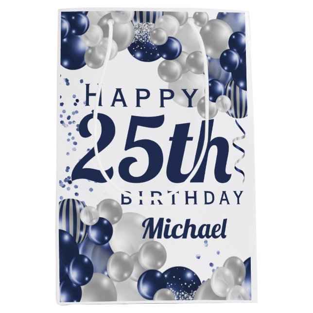 25th Birthday Navy Balloons Medium Gift Bag (Front)