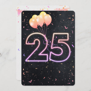 25th Birthday Neon Sign On Black Invitation