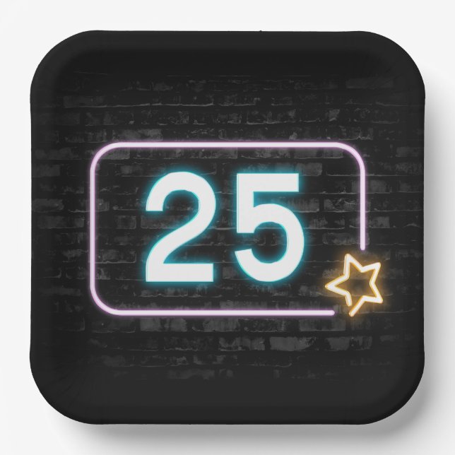 25th Birthday Neon Sign On Brick   Paper Plates (Front)