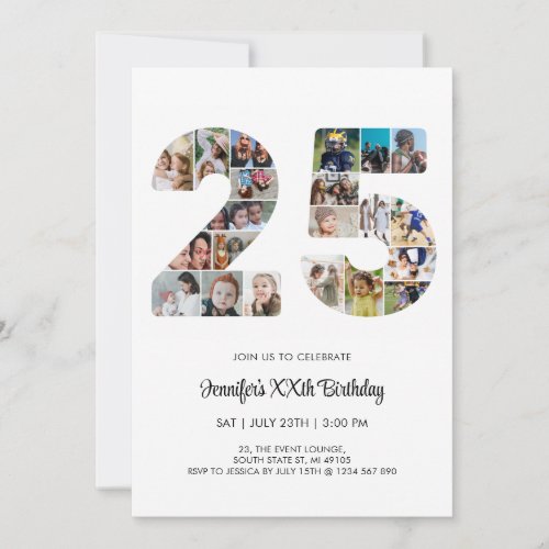 25th Birthday Number 25 Custom Photo Collage Invitation