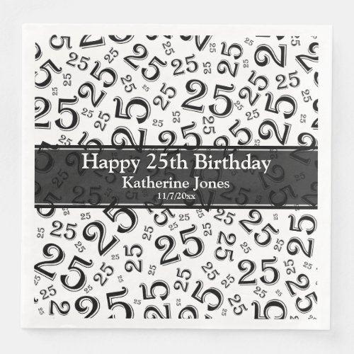 25th Birthday Number Number Pattern BlackWhite Paper Dinner Napkins