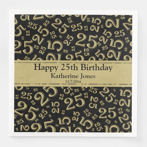 25th Birthday Number Number Pattern GoldBlack Paper Dinner Napkins