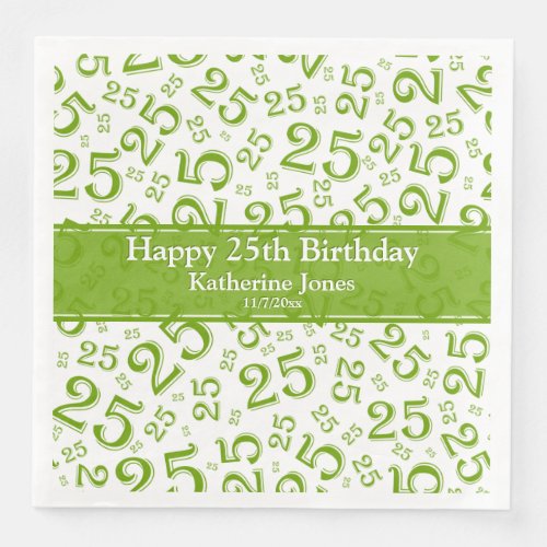 25th Birthday Number Number Pattern GreenWhite Paper Dinner Napkins