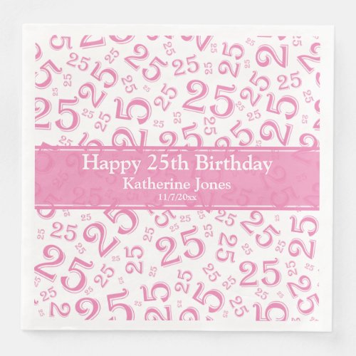 25th Birthday Number Number Pattern PinkWhite Paper Dinner Napkins