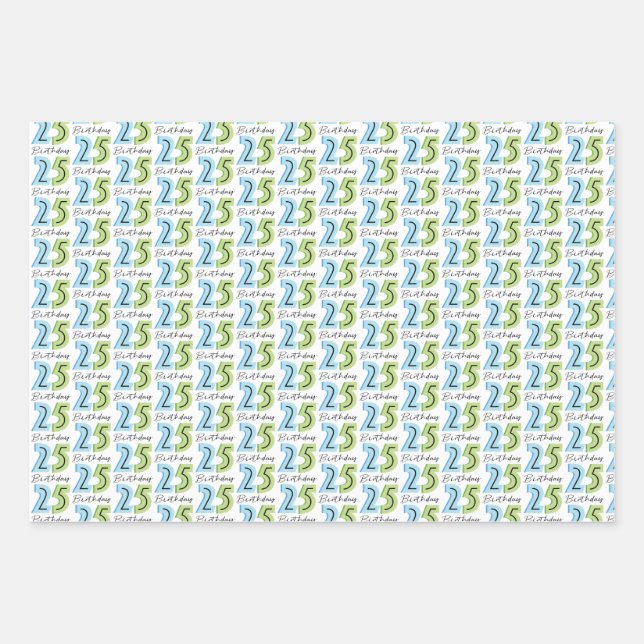 25th Birthday Numbers Green Blue Wrapping Paper Sheets (Front)