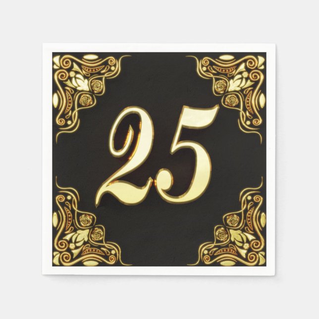 25th Birthday or Anniversary Regal Gold and Black Napkins (Front)
