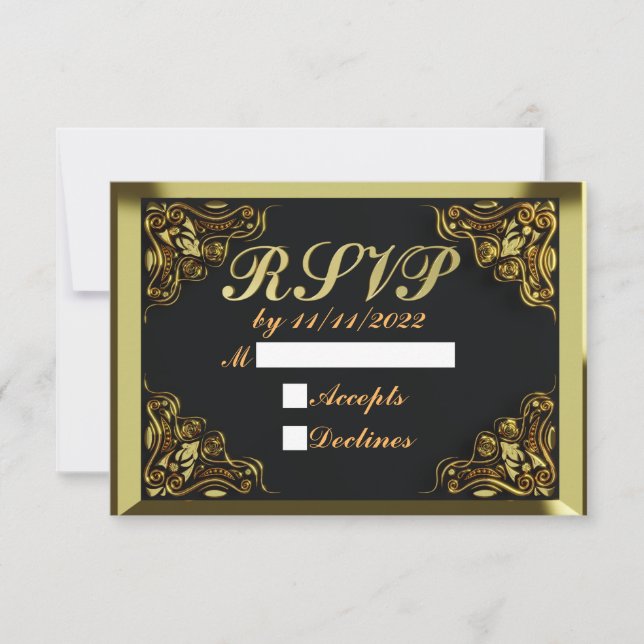 25th Birthday or Anniversary Regal Gold and Black RSVP Card (Front)