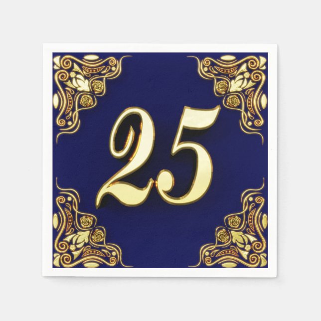 25th Birthday or Anniversary Regal Gold and Blue Napkins (Front)