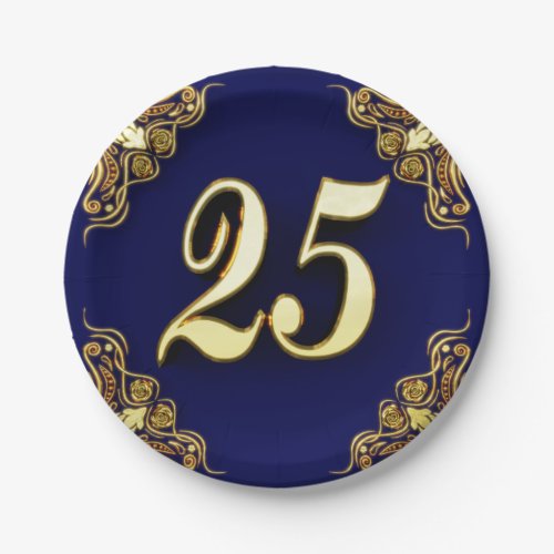 25th Birthday or Anniversary Regal Gold and Blue Paper Plates