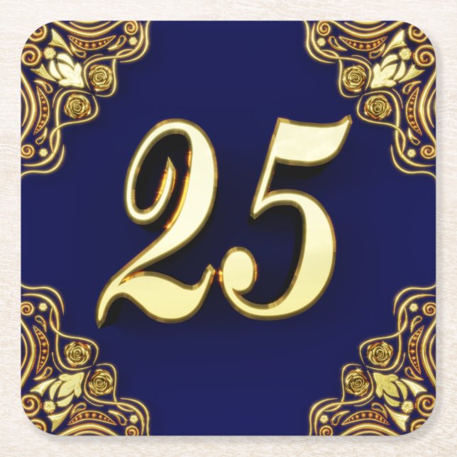 25th Birthday or Anniversary Regal Gold and Blue Square Paper Coaster (Front)