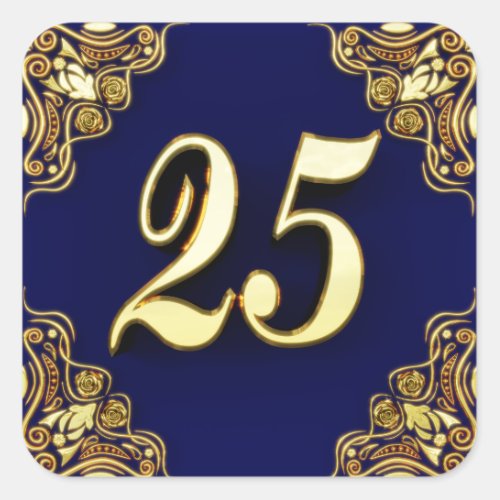 25th Birthday or Anniversary Regal Gold and Blue Square Sticker
