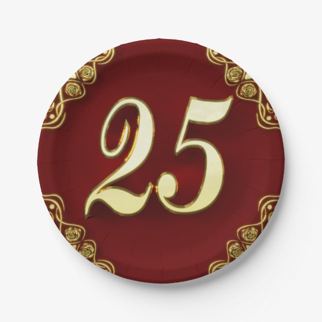 25th Birthday or Anniversary Regal Gold and Red Paper Plates (Front)
