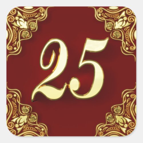 25th Birthday or Anniversary Regal Gold and Red Square Sticker