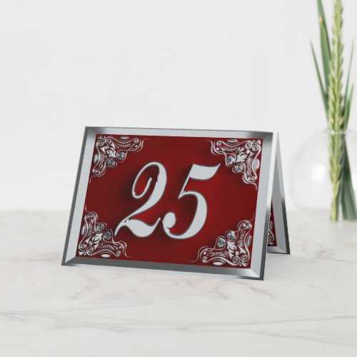 25th Birthday or Anniversary Regal Silver and Red Card