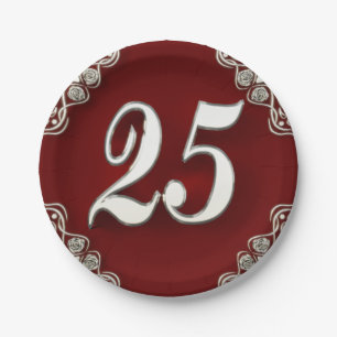 25th Birthday or Anniversary Regal Silver and Red Paper Plates
