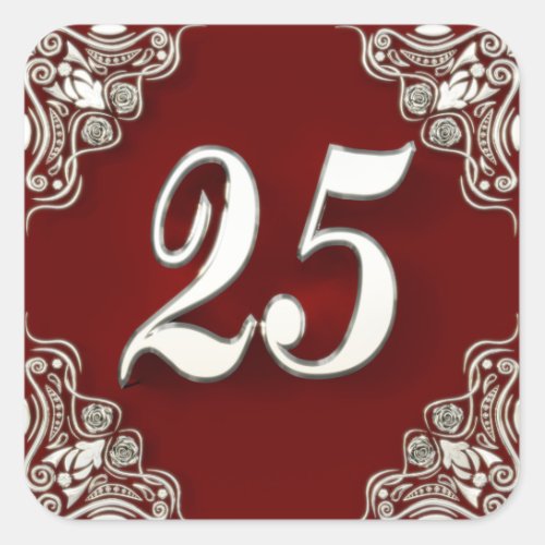 25th Birthday or Anniversary Regal Silver and Red Square Sticker