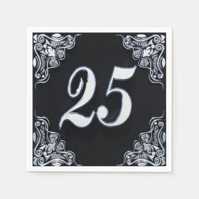 25th Birthday or Anniversary Regal Silver Black Napkins (Front)