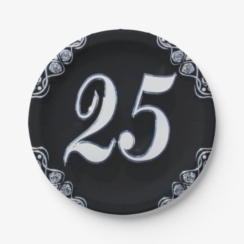 25th Birthday or Anniversary Regal Silver Black Paper Plates